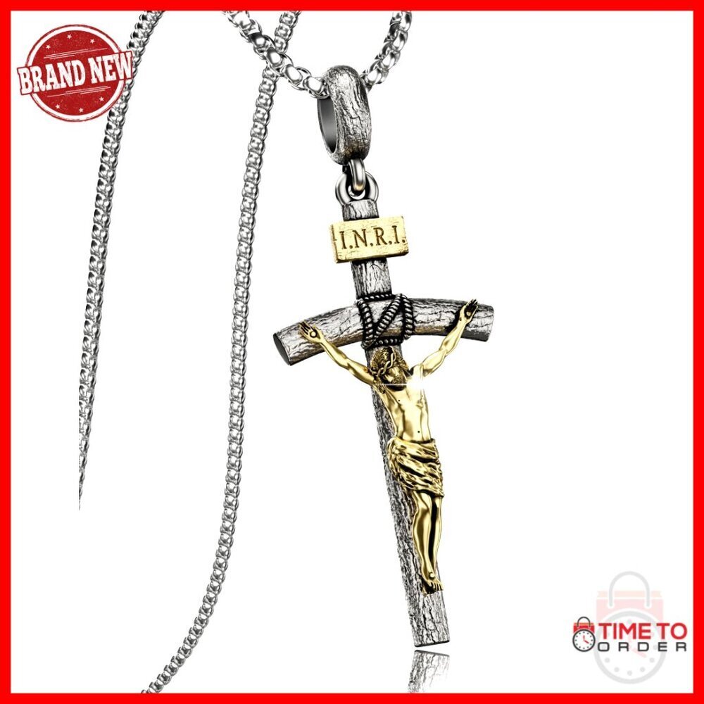 Stainless Steel Crucifix Necklace with Jesus Pendant, 24 Inch Chain